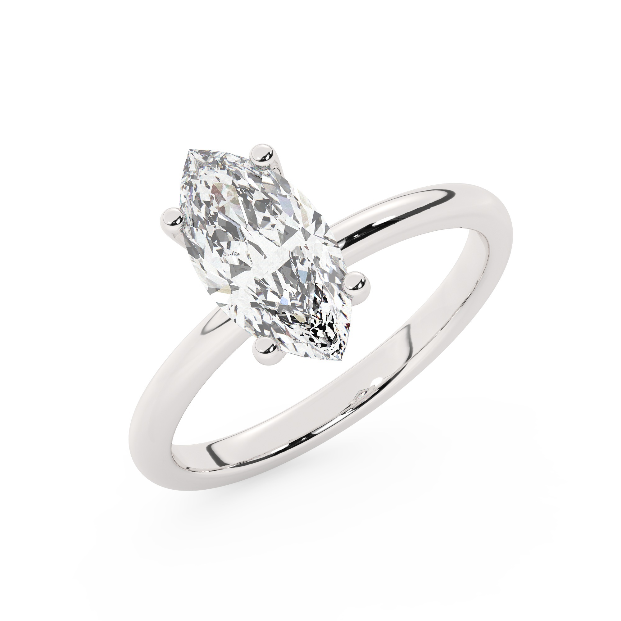 טבעת אירוסין סוליטר דגם 50016 כסף מצופה זהב לבן במרכז יהלום מעבדה במשקל כולל של 1.50 קראט בחיתוך מרקיזה עם תעודה גמולוגית אירופאית IGI