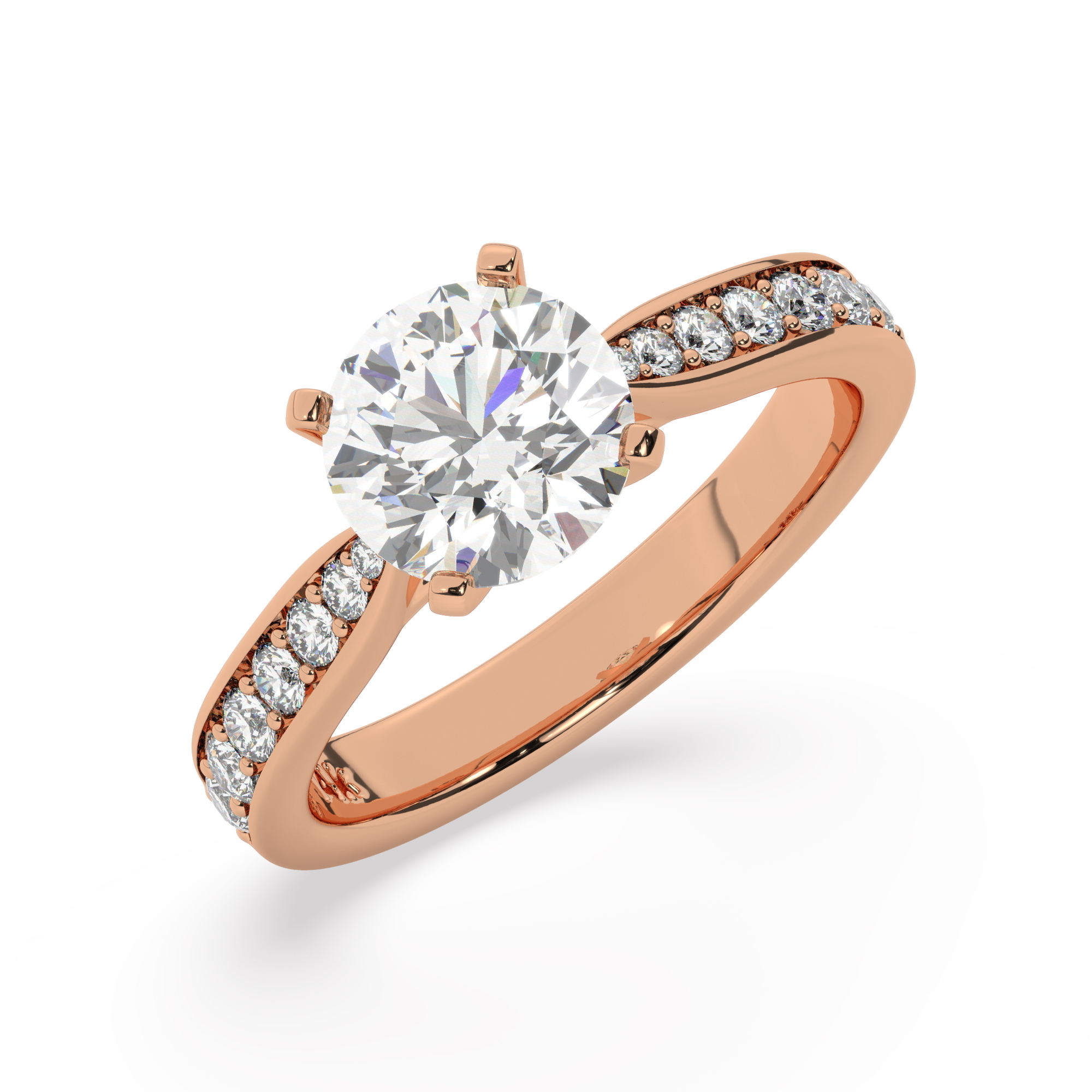 טבעת אירוסין סוליטר וזירקונים בצדדים דגם 50017 זהב אדום רוזגולד 14 קראט במרכז זירקוניה 1.50 קראט בחיתוך עגול מסביב ובצדדים זירקונים בחיתוך עגול