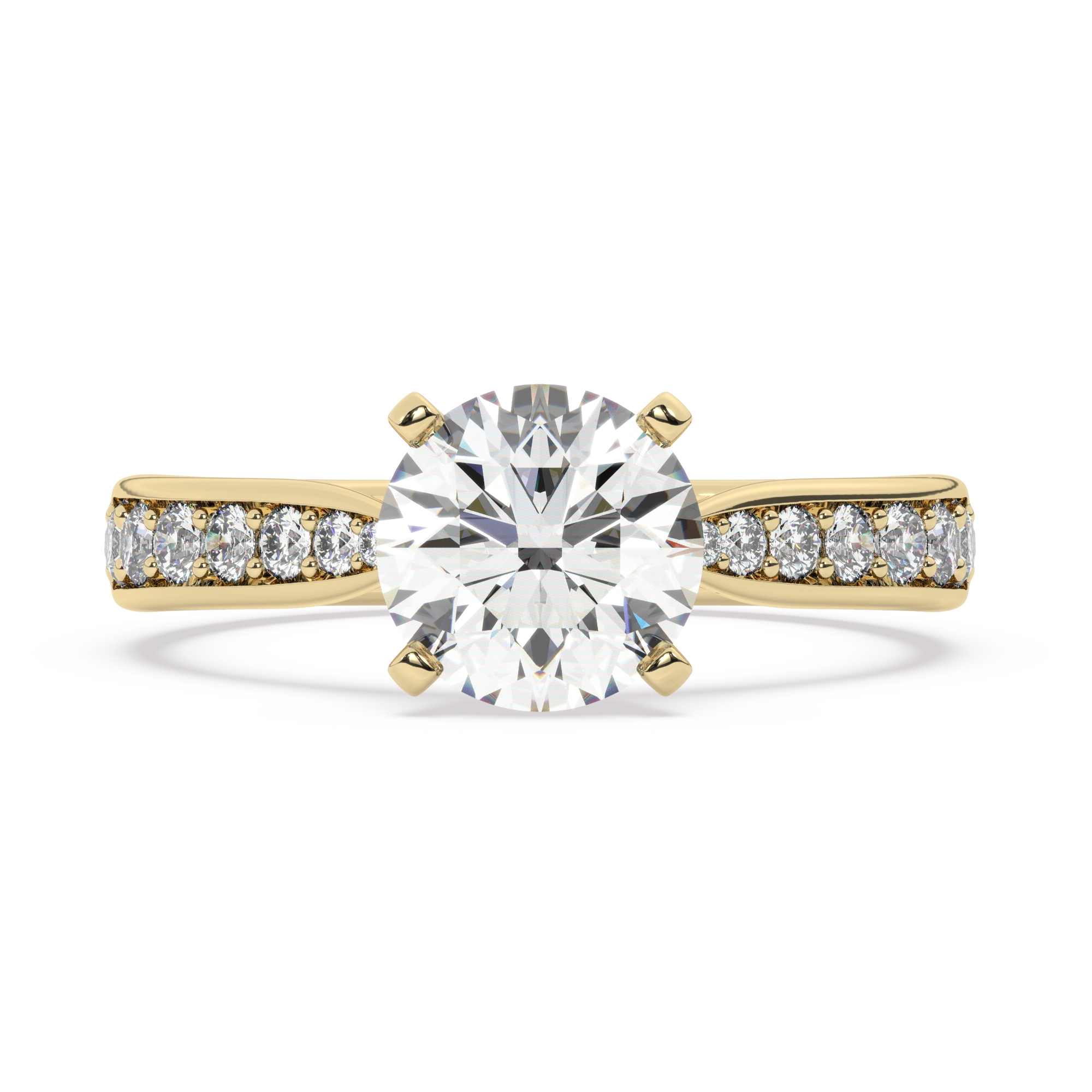 טבעת אירוסין סוליטר וזירקונים בצדדים דגם 50017 זהב צהוב 14 קראט במרכז זירקוניה 1.50 קראט בחיתוך עגול מסביב ובצדדים זירקונים בחיתוך עגול – תמונה 2