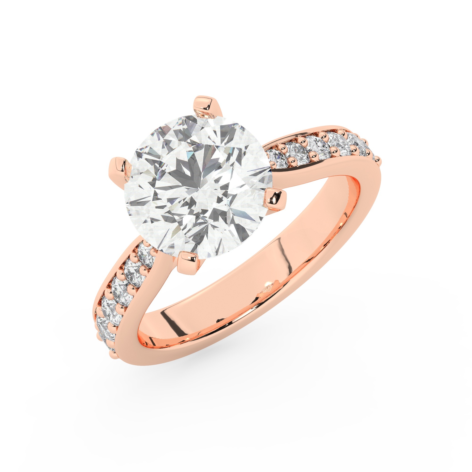 טבעת אירוסין סוליטר וזירקונים בצדדים דגם 50017 כסף מצופה זהב אדום רוזגולד במרכז זירקוניה 2 קראט בחיתוך עגול מסביב ובצדדים זירקונים בחיתוך עגול