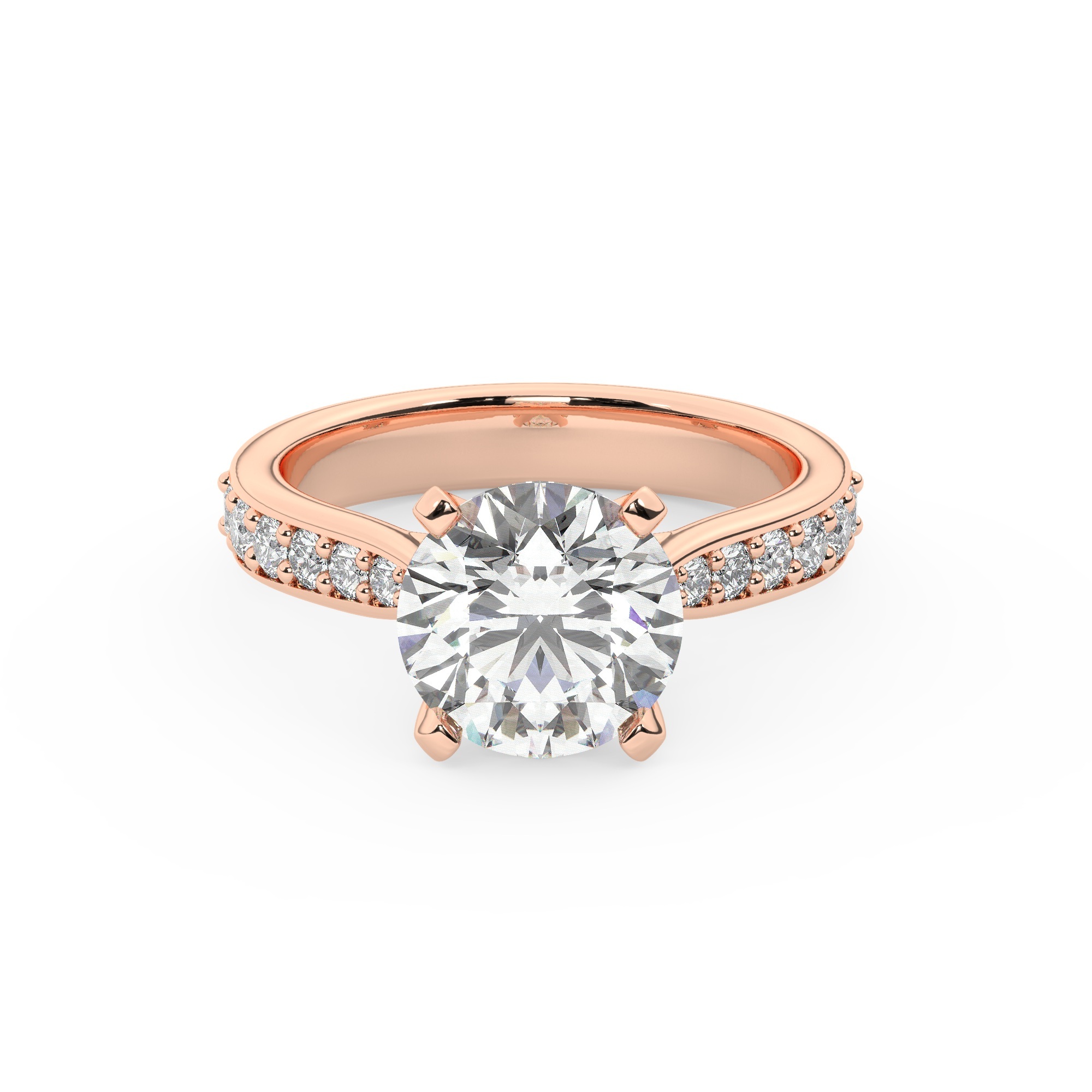 טבעת אירוסין סוליטר וזירקונים בצדדים דגם 50017 כסף מצופה זהב אדום רוזגולד במרכז זירקוניה 2 קראט בחיתוך עגול מסביב ובצדדים זירקונים בחיתוך עגול – תמונה 2