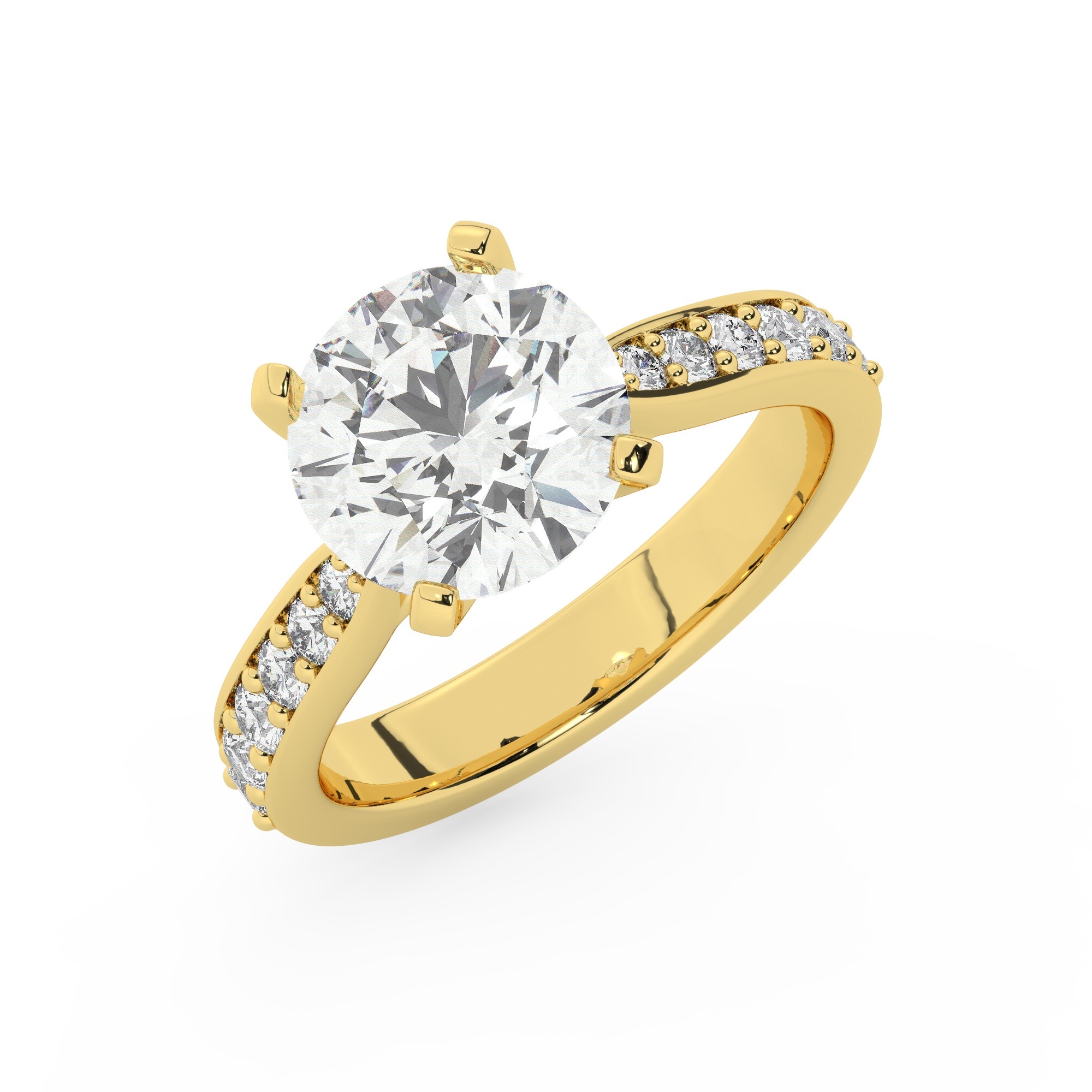 טבעת אירוסין סוליטר וזירקונים בצדדים דגם 50017 זהב צהוב 14 קראט במרכז זירקוניה 2.50 קראט בחיתוך עגול מסביב ובצדדים זירקונים בחיתוך עגול