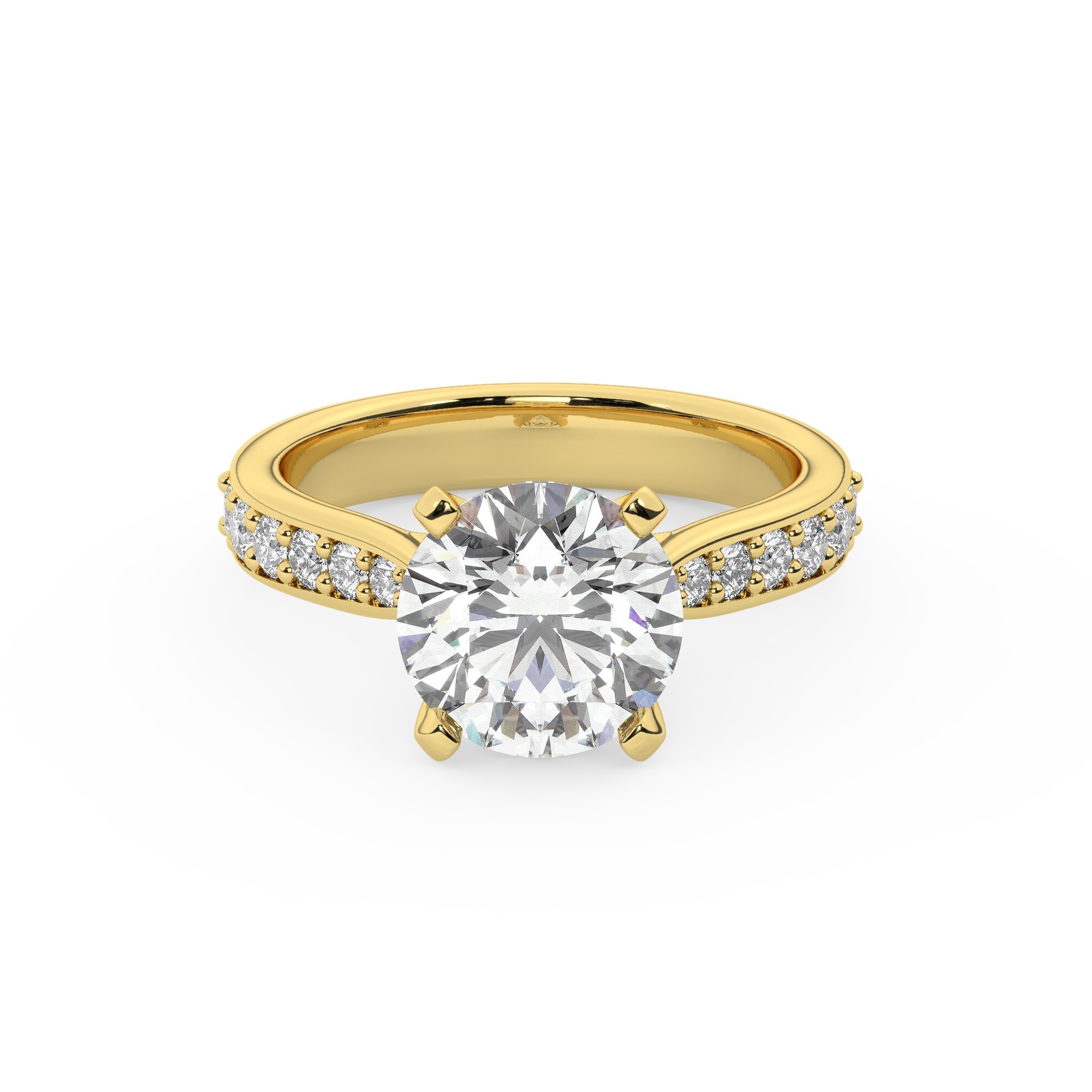 טבעת אירוסין סוליטר וזירקונים בצדדים דגם 50017 זהב צהוב 14 קראט במרכז זירקוניה 2.50 קראט בחיתוך עגול מסביב ובצדדים זירקונים בחיתוך עגול – תמונה 2