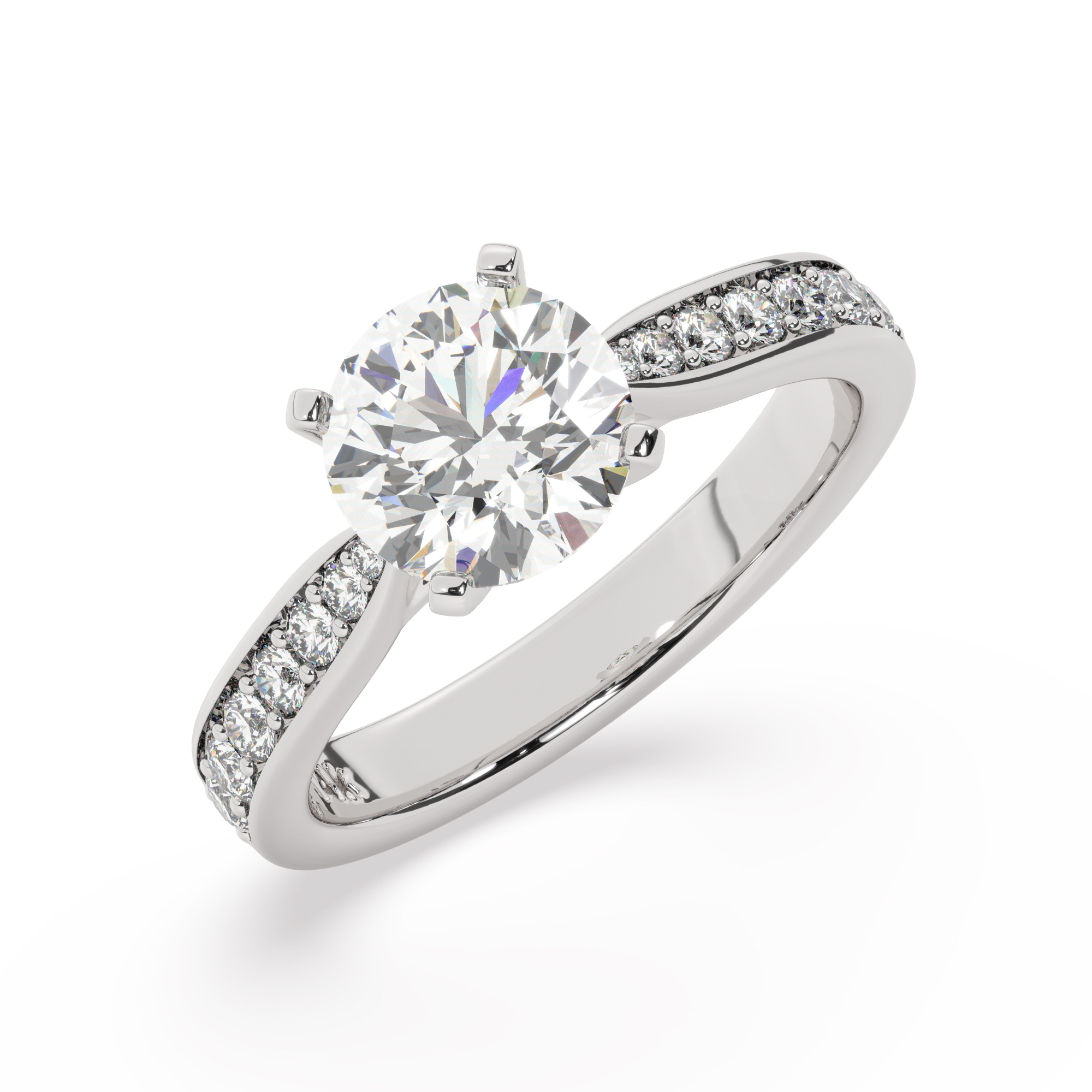 טבעת אירוסין סוליטר וזירקונים בצדדים דגם 50017 כסף מצופה זהב לבן במרכז זירקוניה 0.50 קראט בחיתוך עגול מסביב ובצדדים זירקונים בחיתוך עגול