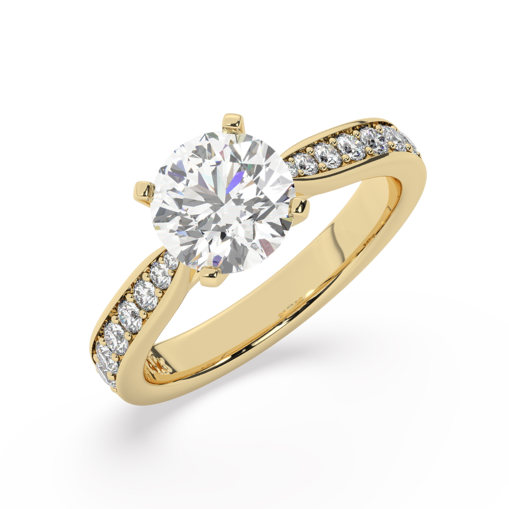 טבעת אירוסין סוליטר וזירקונים בצדדים דגם 50017 כסף מצופה זהב צהוב במרכז זירקוניה 0.75 קראט בחיתוך עגול מסביב ובצדדים זירקונים בחיתוך עגול