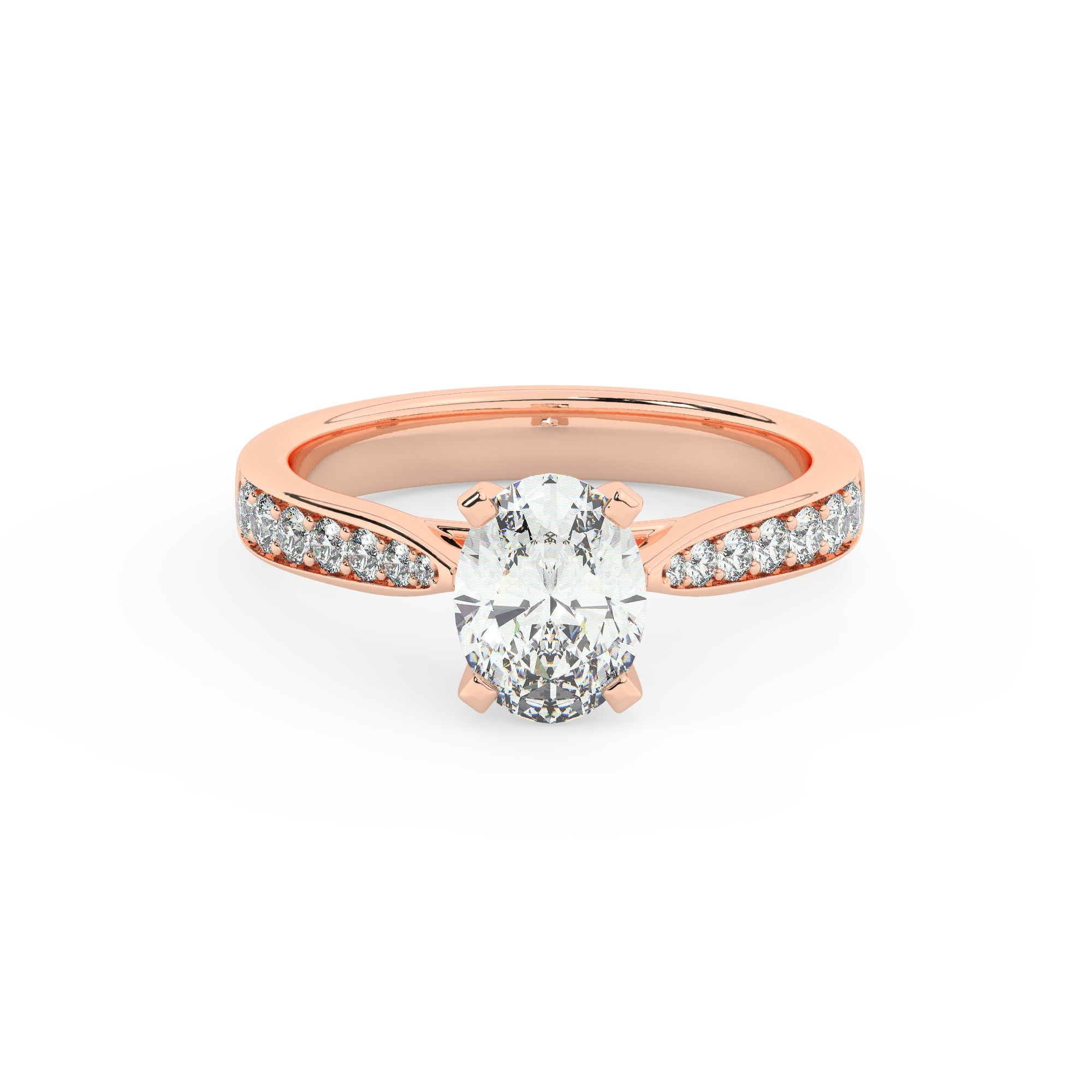 טבעת אירוסין סוליטר וזירקונים בצדדים דגם 50017 זהב אדום רוזגולד 14 קראט במרכז זירקוניה 1.50 קראט בחיתוך אובל מסביב ובצדדים זירקונים בחיתוך עגול – תמונה 2