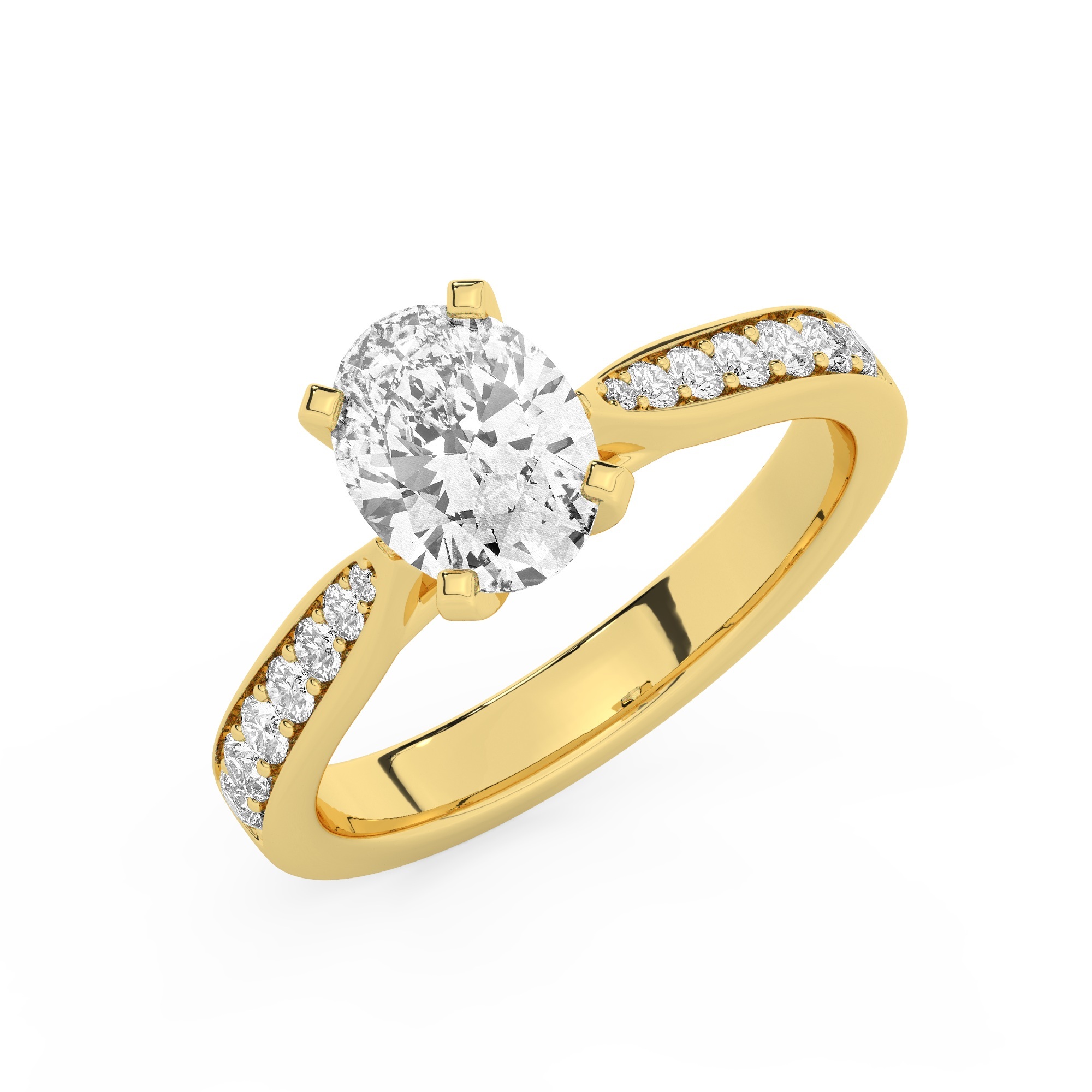 טבעת אירוסין סוליטר וזירקונים בצדדים דגם 50017 זהב צהוב 14 קראט במרכז זירקוניה 1.50 קראט בחיתוך אובל מסביב ובצדדים זירקונים בחיתוך עגול