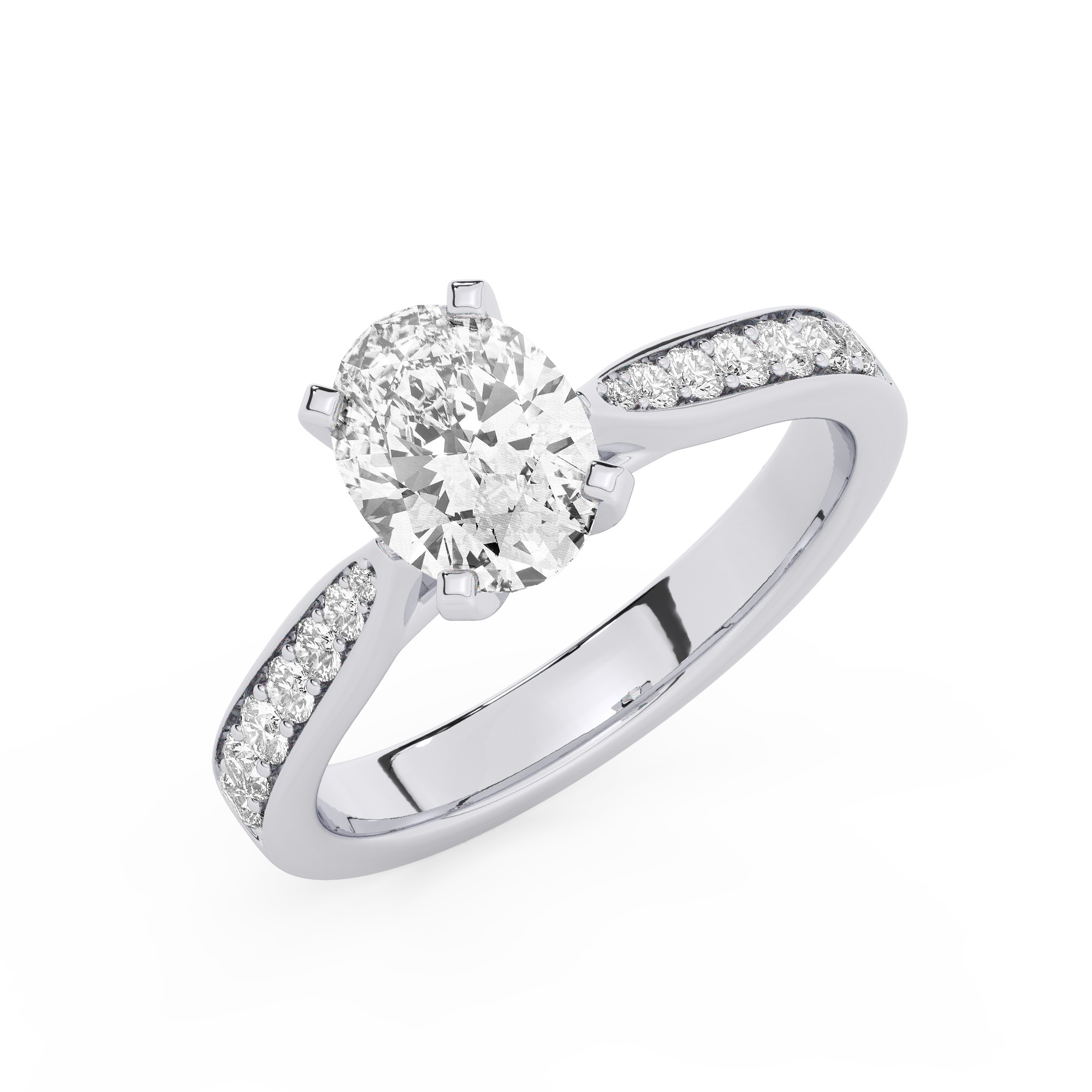 טבעת אירוסין סוליטר וזירקונים בצדדים דגם 50017 זהב לבן 14 קראט במרכז זירקוניה 1.50 קראט בחיתוך אובל מסביב ובצדדים זירקונים בחיתוך עגול