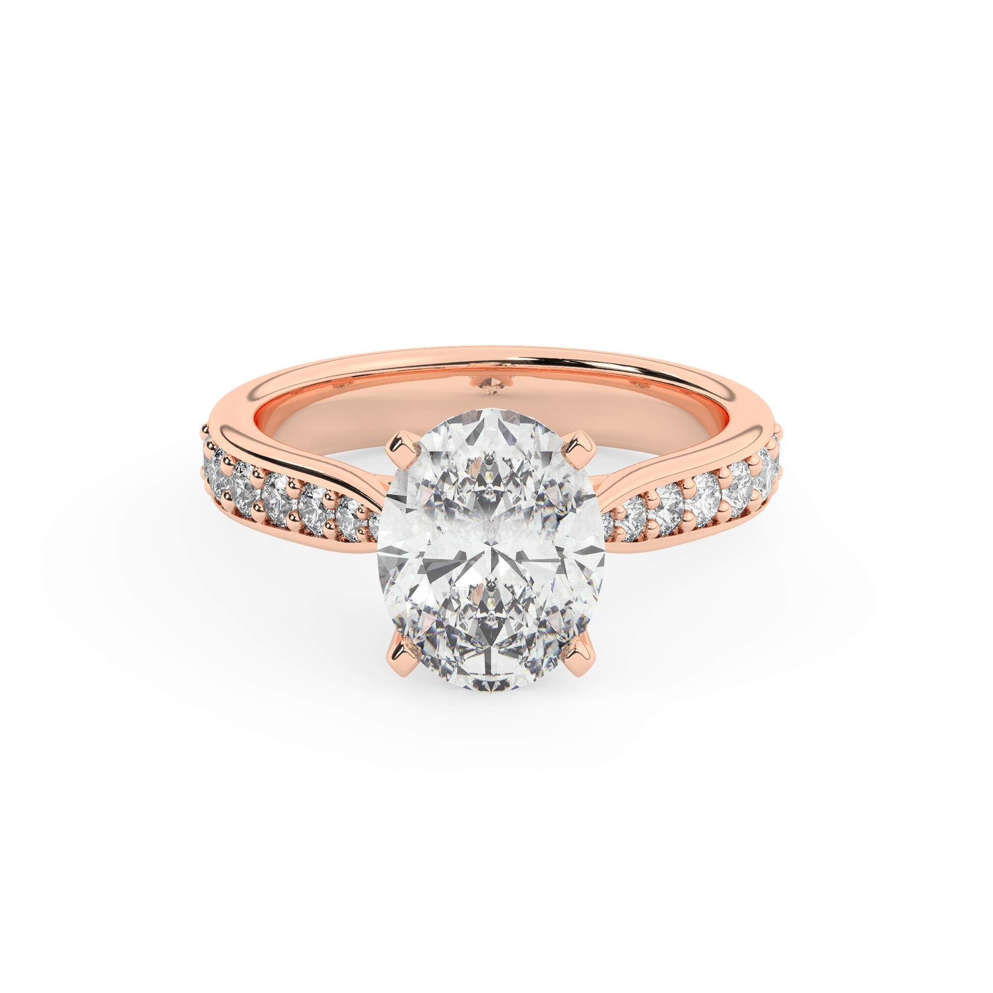 טבעת אירוסין סוליטר וזירקונים בצדדים דגם 50017 כסף מצופה זהב אדום רוזגולד במרכז זירקוניה 2 קראט בחיתוך אובל מסביב ובצדדים זירקונים בחיתוך עגול – תמונה 2