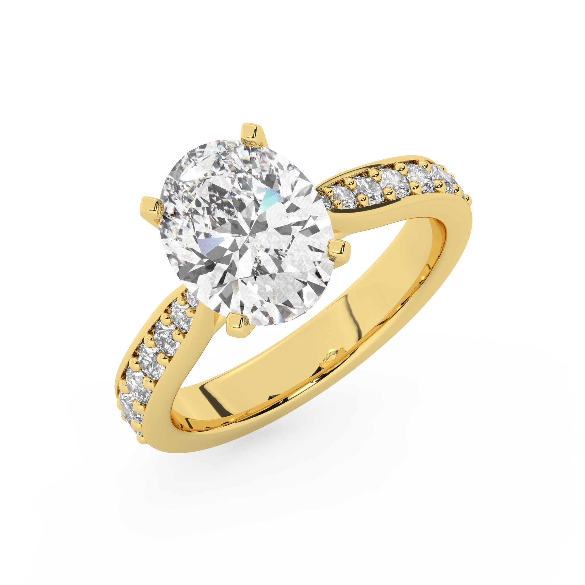 טבעת אירוסין סוליטר וזירקונים בצדדים דגם 50017 זהב צהוב 14 קראט במרכז זירקוניה 2 קראט בחיתוך אובל מסביב ובצדדים זירקונים בחיתוך עגול