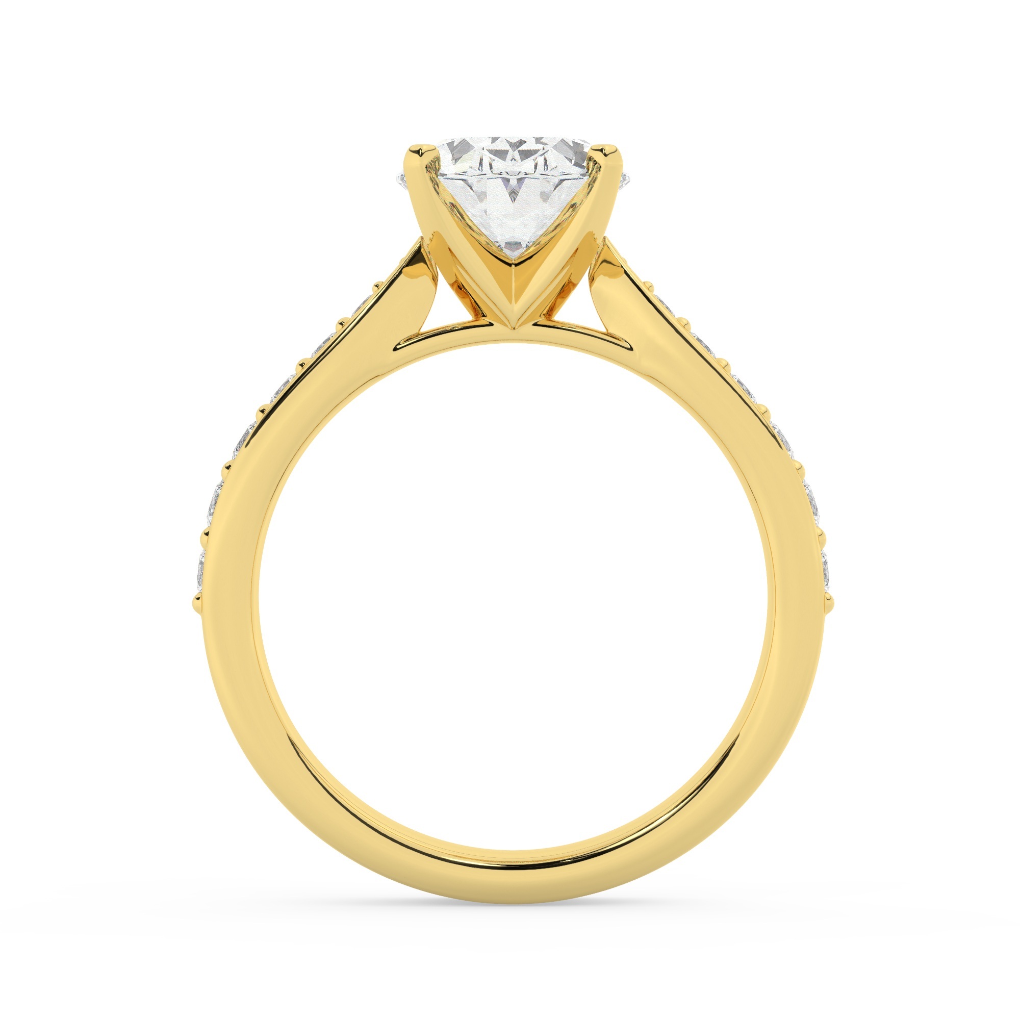 טבעת אירוסין סוליטר וזירקונים בצדדים דגם 50017 זהב צהוב 14 קראט במרכז זירקוניה 2 קראט בחיתוך אובל מסביב ובצדדים זירקונים בחיתוך עגול – תמונה 3