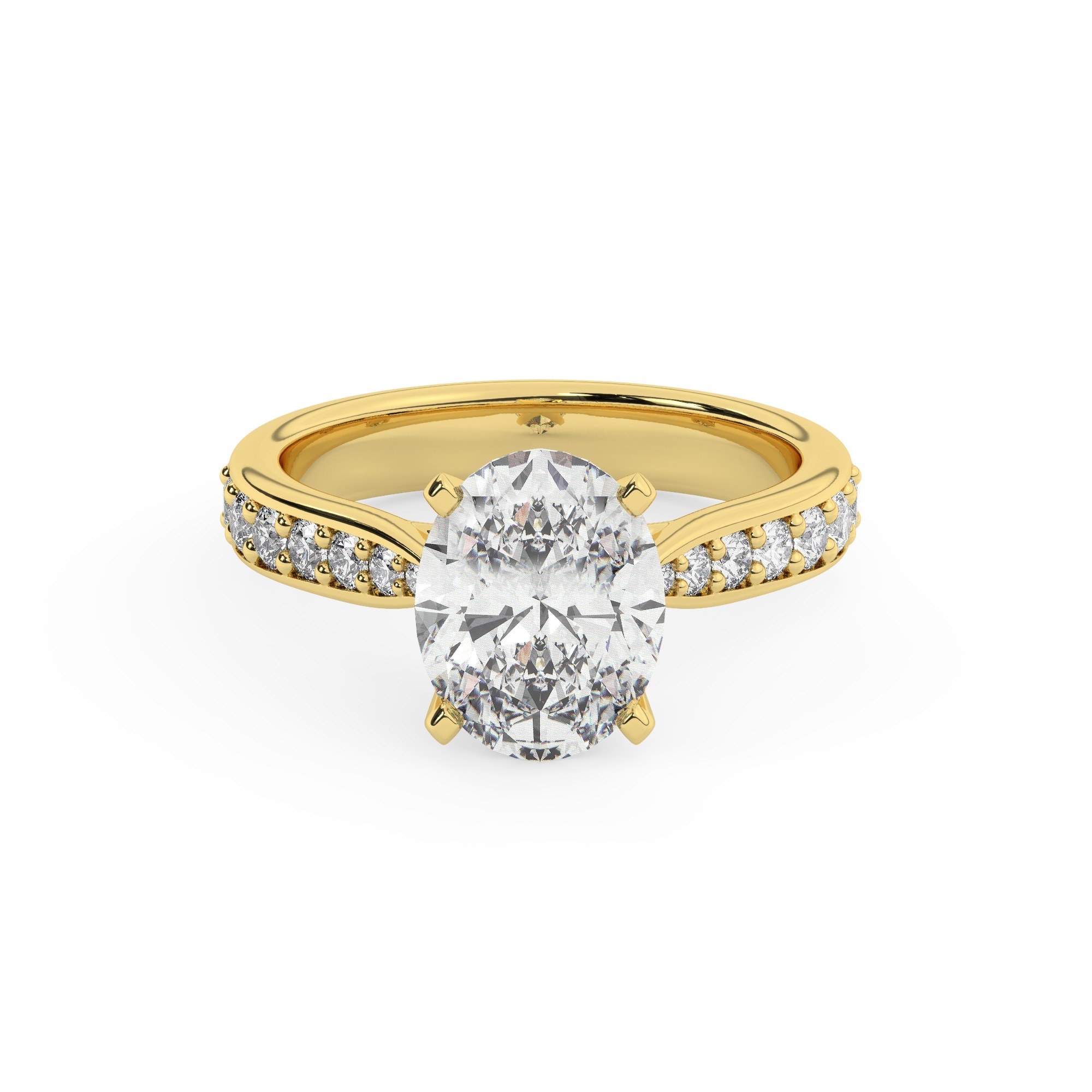 טבעת אירוסין סוליטר וזירקונים בצדדים דגם 50017 זהב צהוב 14 קראט במרכז זירקוניה 2 קראט בחיתוך אובל מסביב ובצדדים זירקונים בחיתוך עגול – תמונה 2