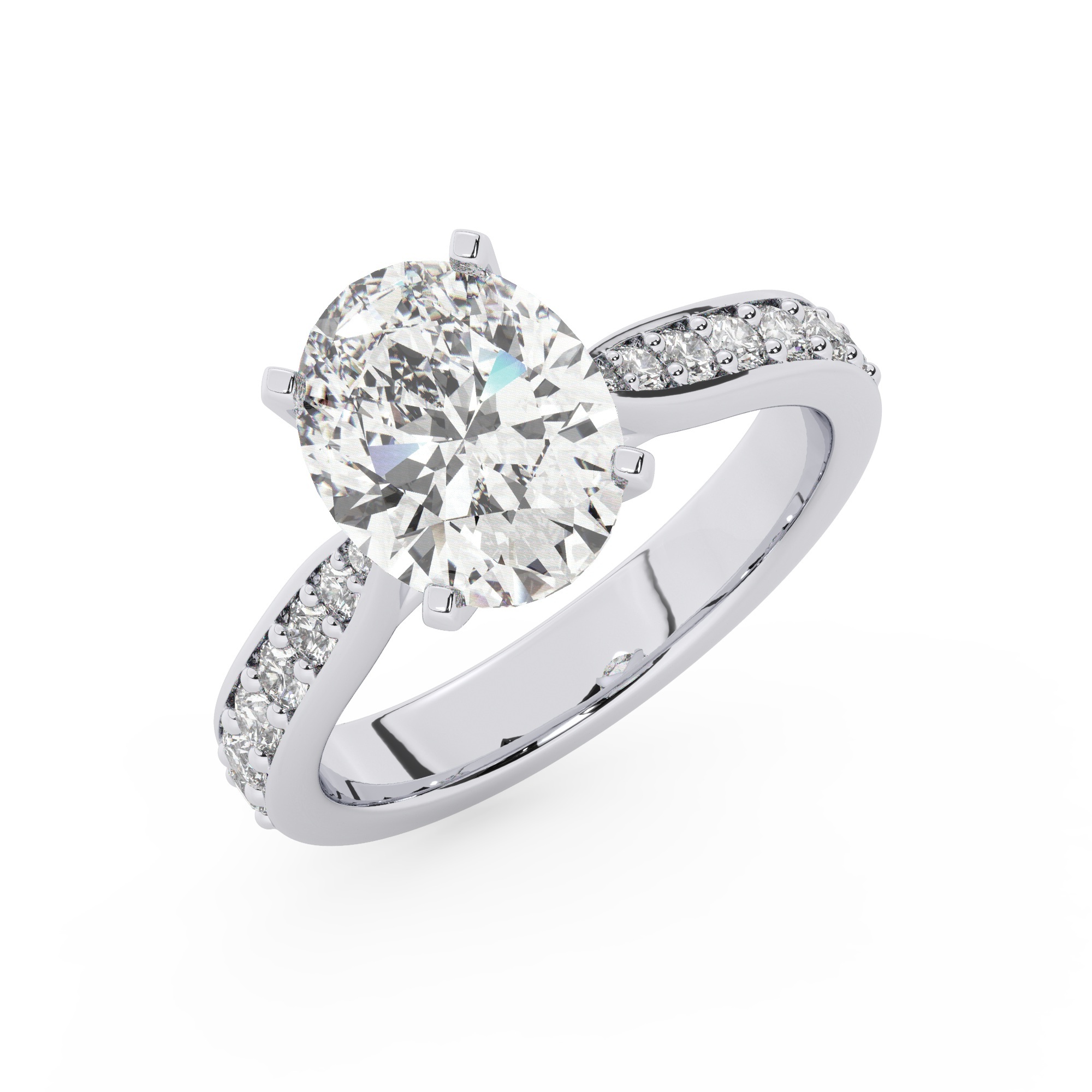 טבעת אירוסין סוליטר וזירקונים בצדדים דגם 50017 זהב לבן 14 קראט במרכז זירקוניה 2 קראט בחיתוך אובל מסביב ובצדדים זירקונים בחיתוך עגול