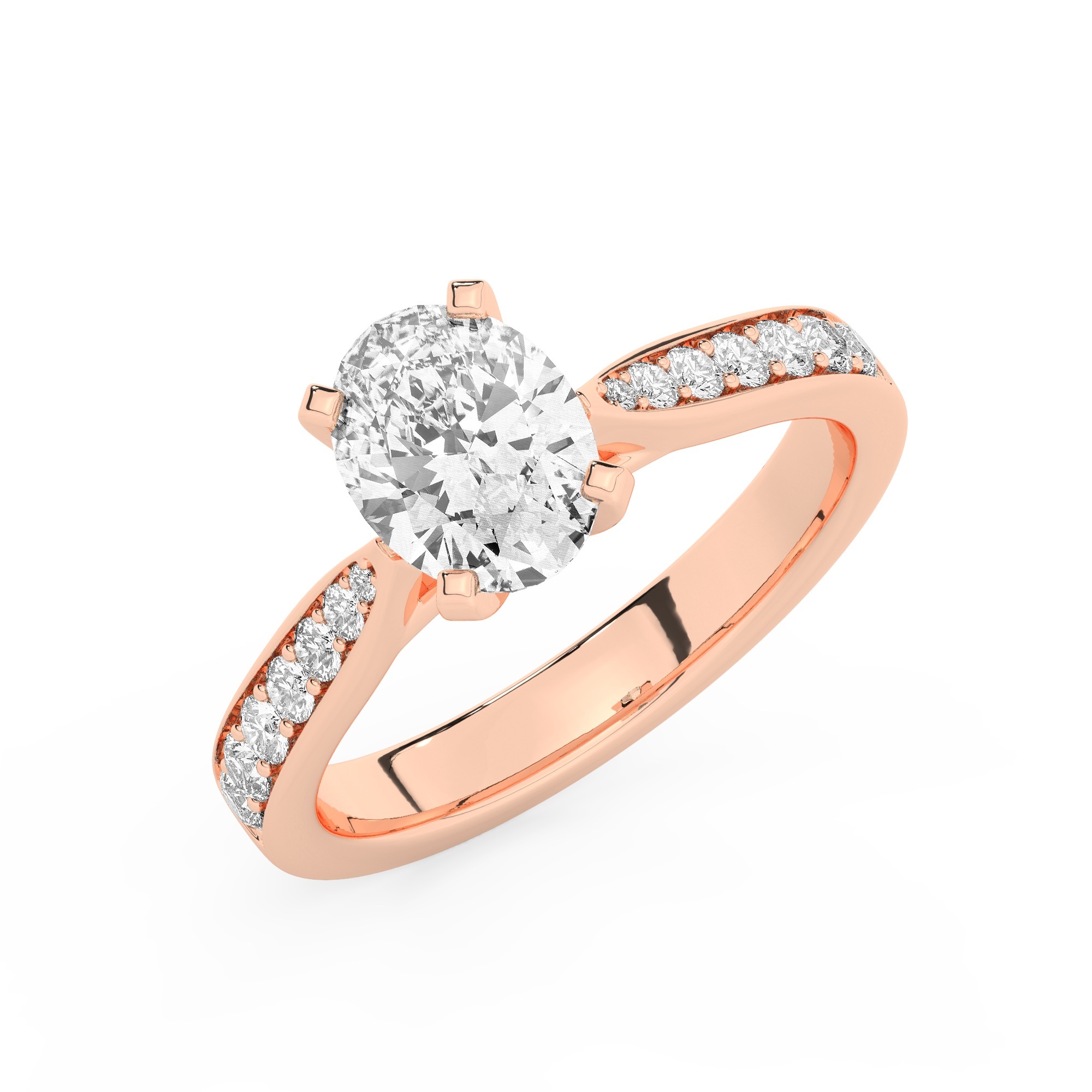 טבעת אירוסין סוליטר וזירקונים בצדדים דגם 50017 זהב אדום רוזגולד 14 קראט במרכז זירקוניה 0.50 קראט בחיתוך אובל מסביב ובצדדים זירקונים בחיתוך עגול