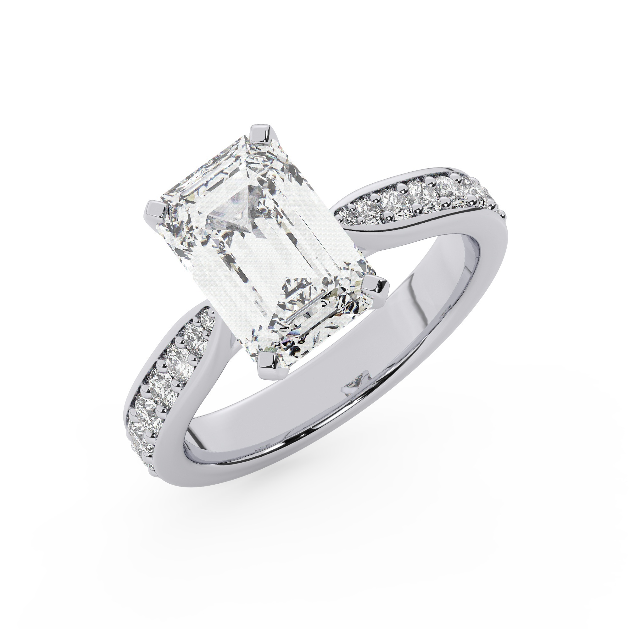 טבעת אירוסין סוליטר וזירקונים בצדדים דגם 50017 זהב לבן 14 קראט במרכז זירקוניה 1.50 קראט בחיתוך אמרלד מסביב ובצדדים זירקונים בחיתוך עגול