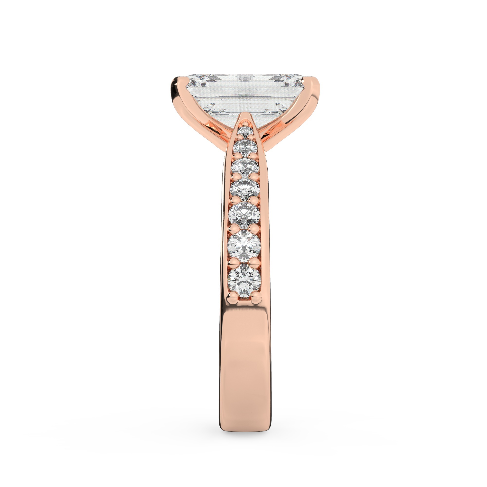 טבעת אירוסין סוליטר וזירקונים בצדדים דגם 50017 זהב אדום רוזגולד 14 קראט במרכז זירקוניה 2 קראט בחיתוך אמרלד מסביב ובצדדים זירקונים בחיתוך עגול – תמונה 4