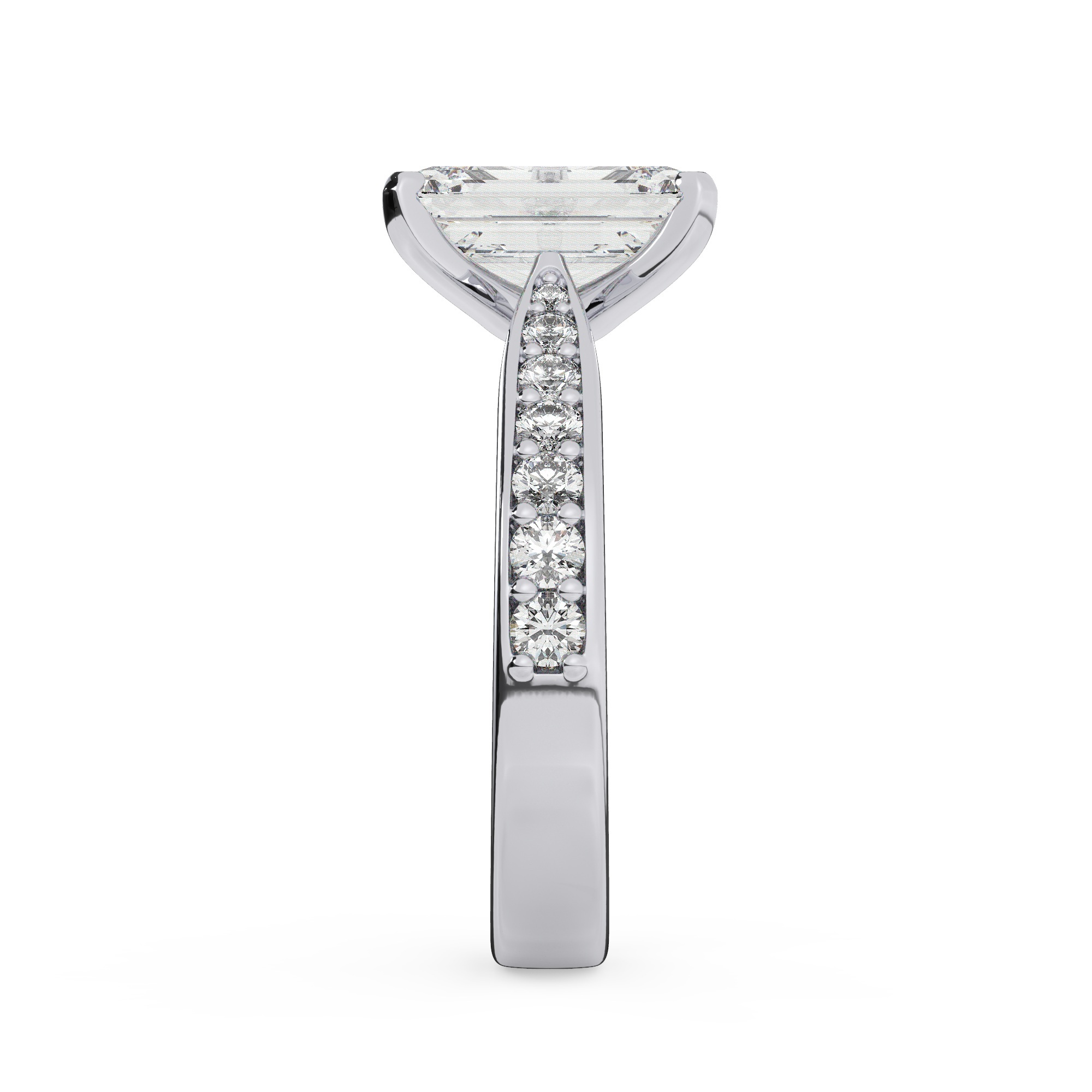 טבעת אירוסין סוליטר וזירקונים בצדדים דגם 50017 זהב לבן 14 קראט במרכז זירקוניה 2.50 קראט בחיתוך אמרלד מסביב ובצדדים זירקונים בחיתוך עגול – תמונה 4