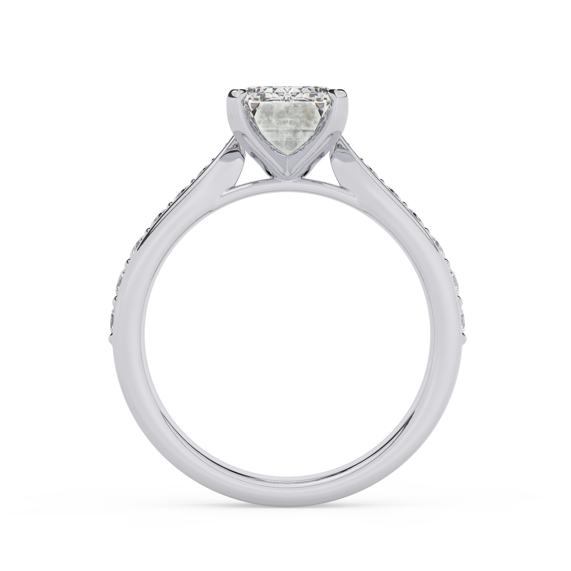 טבעת אירוסין סוליטר וזירקונים בצדדים דגם 50017 זהב לבן 14 קראט במרכז זירקוניה 3 קראט בחיתוך אמרלד מסביב ובצדדים זירקונים בחיתוך עגול – תמונה 3