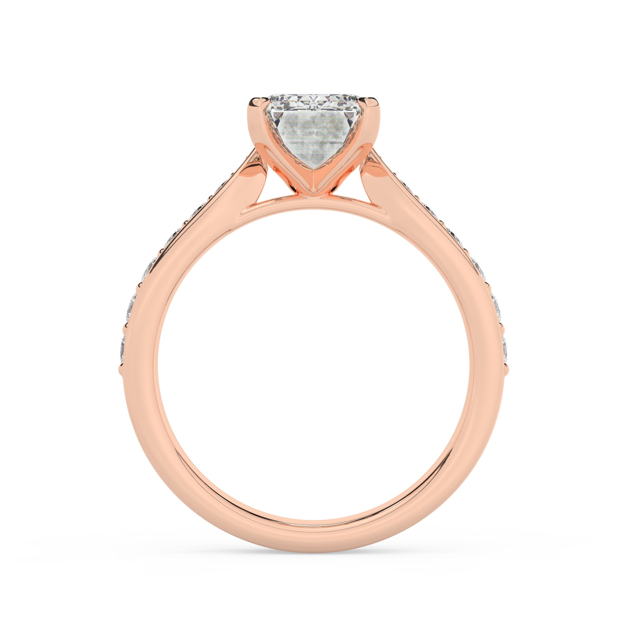 טבעת אירוסין סוליטר וזירקונים בצדדים דגם 50017 זהב אדום רוזגולד 14 קראט במרכז זירקוניה 4 קראט בחיתוך אמרלד מסביב ובצדדים זירקונים בחיתוך עגול – תמונה 3