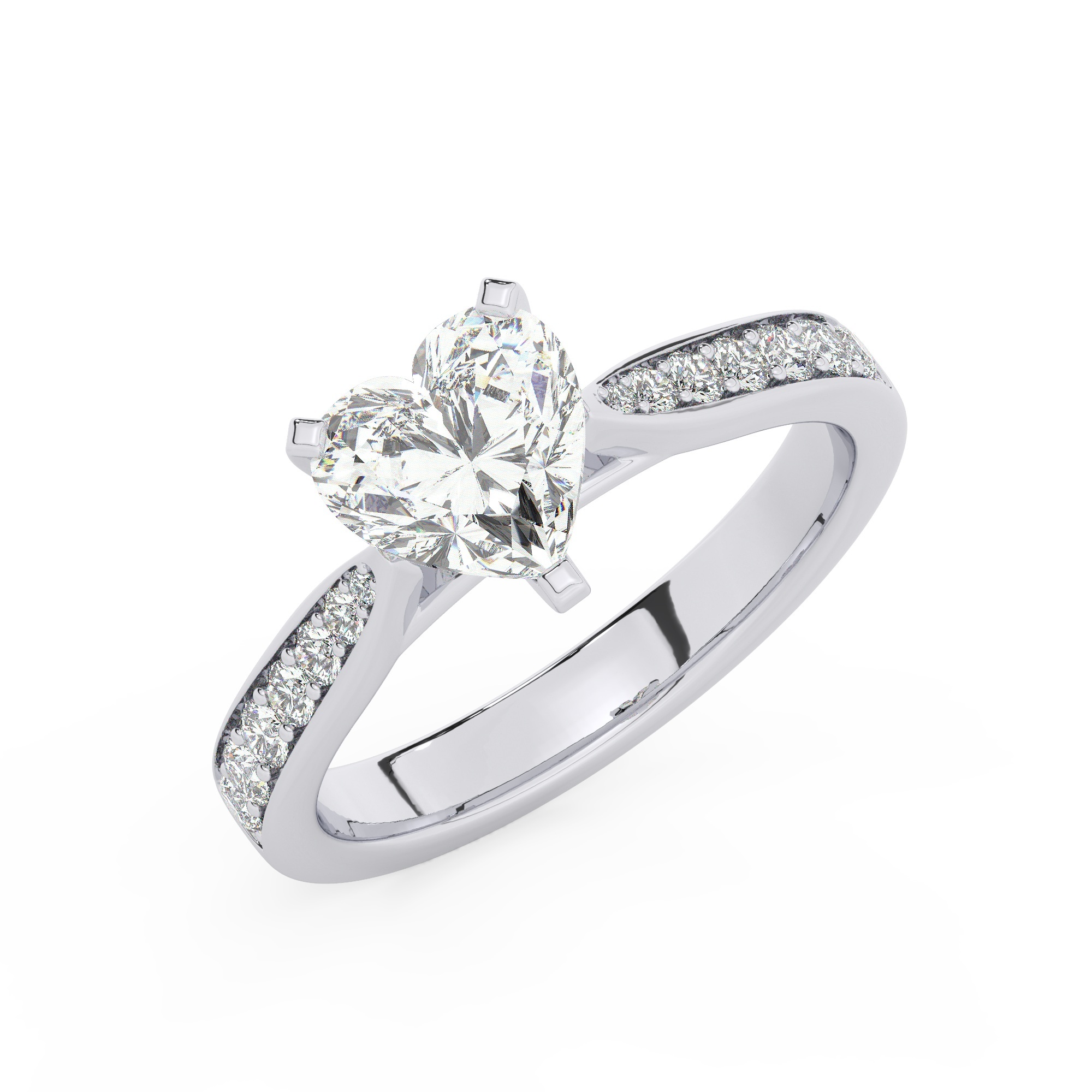 טבעת אירוסין סוליטר וזירקונים בצדדים דגם 50017 כסף מצופה זהב לבן במרכז זירקוניה 1 קראט בחיתוך לב מסביב ובצדדים זירקונים בחיתוך עגול