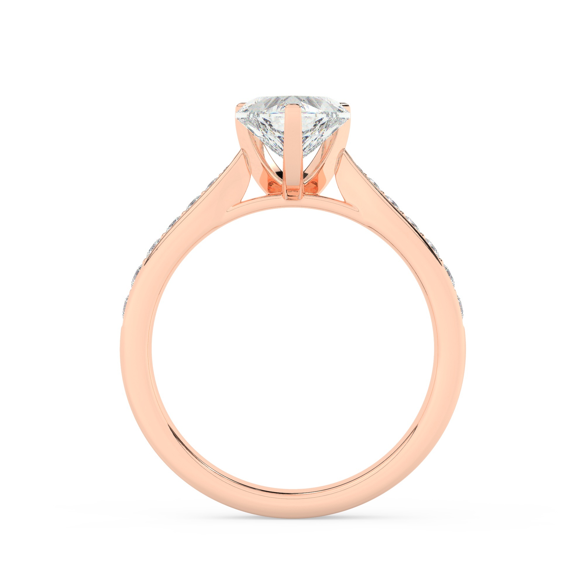 טבעת אירוסין סוליטר וזירקונים בצדדים דגם 50017 זהב אדום רוזגולד 14 קראט במרכז זירקוניה 5 קראט בחיתוך לב מסביב ובצדדים זירקונים בחיתוך עגול – תמונה 3