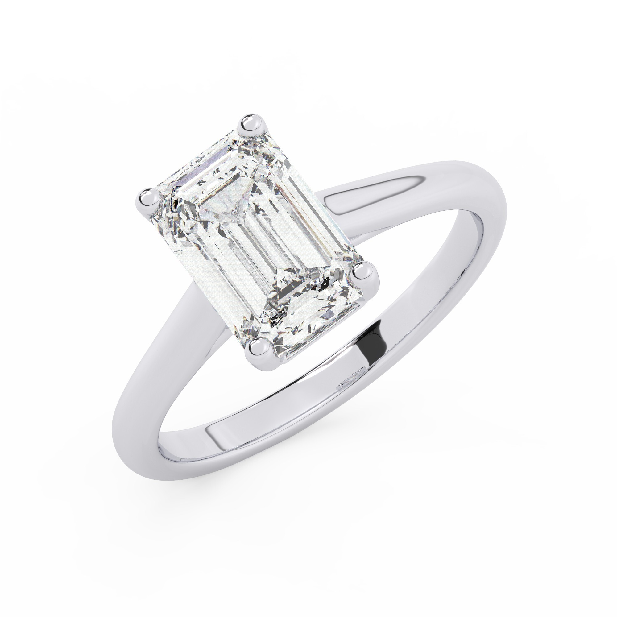 טבעת אירוסין סוליטר דגם 50029 כסף מצופה זהב לבן במרכז יהלום מעבדה במשקל כולל של 0.75 קראט בחיתוך אמרלד עם תעודה גמולוגית