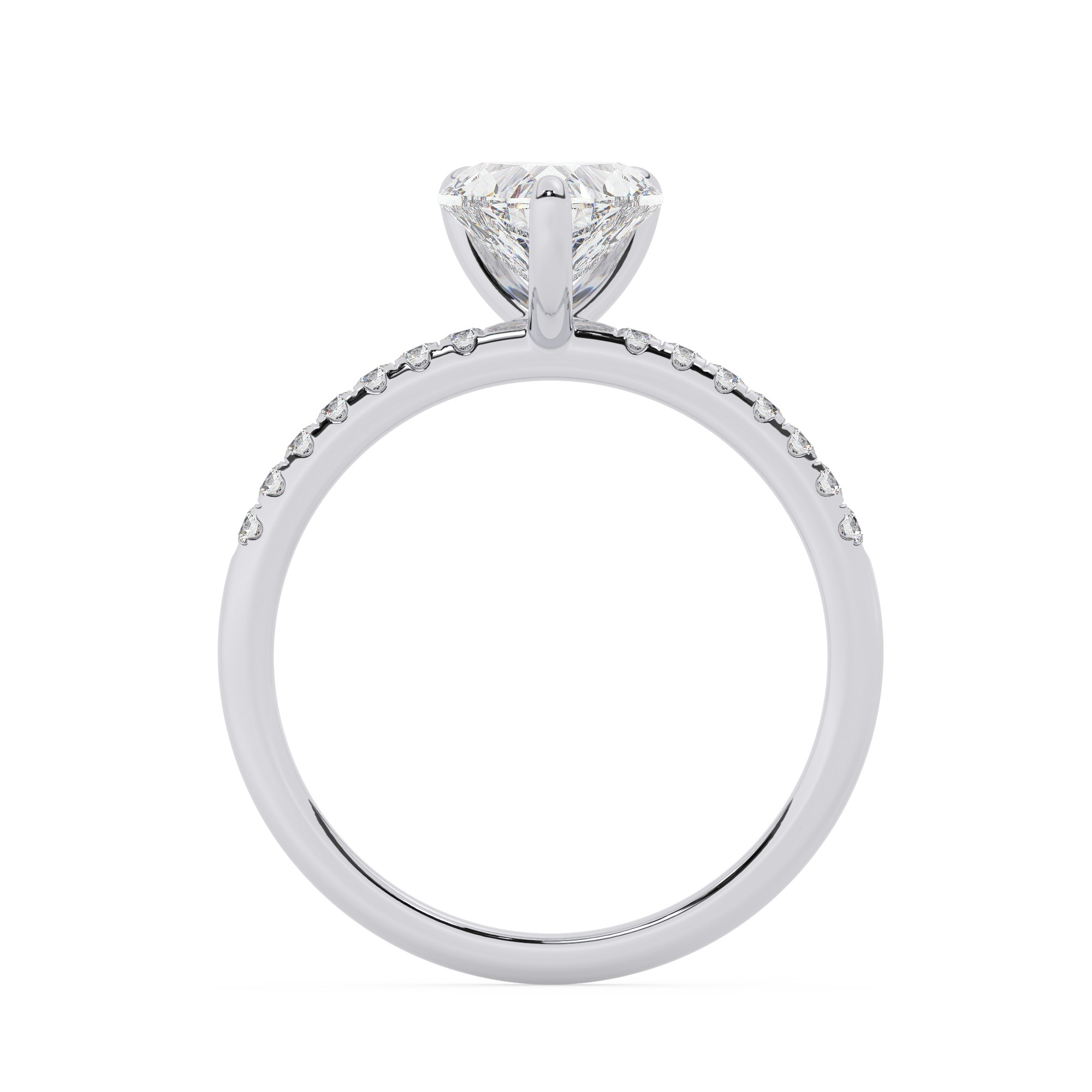 טבעת אירוסין סוליטר ויהלומים בצדדים דגם 50048 כסף מצופה זהב לבן-רודיום במרכז אבן מעבדה מוסונייט 2 קראט בחיתוך לב עם תעודה גמולוגית בינלאומית GRA מסביב ובצדדים אבני מעבדה מוסונייט במשקל כולל של 0.14 קראט בחיתוך עגול – תמונה 3