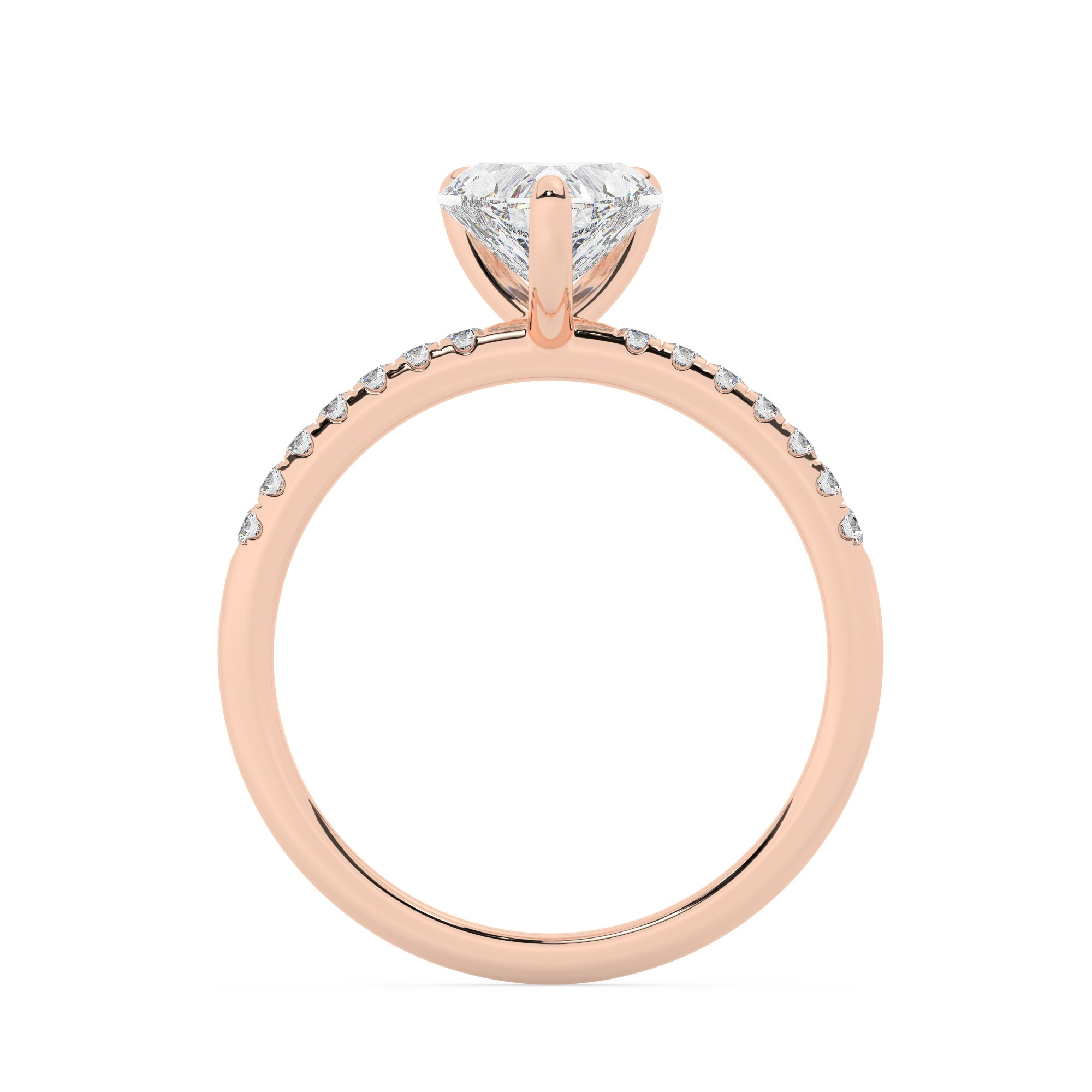 טבעת אירוסין סוליטר ויהלומים בצדדים דגם 50048 כסף מצופה זהב אדום רוזגולד במרכז יהלום מעבדה 2 קראט בחיתוך לב עם תעודה גמולוגית אירופאית IGI מסביב ובצדדים יהלומי מעבדה במשקל כולל של 0.14 קראט בחיתוך עגול – תמונה 3