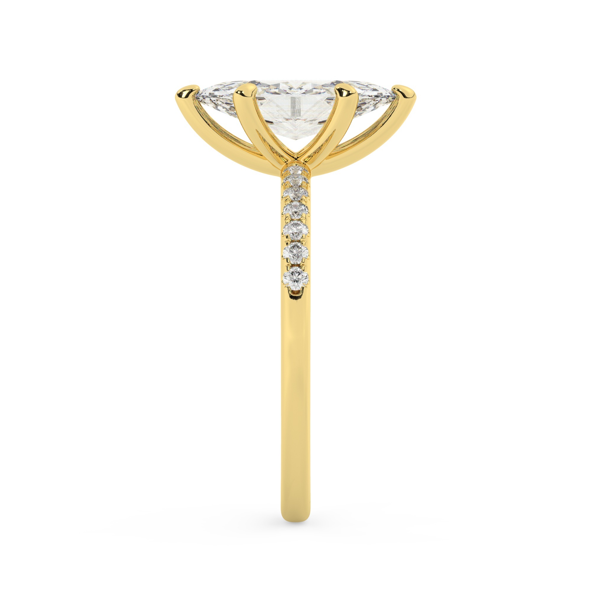 טבעת אירוסין סוליטר ויהלומים בצדדים דגם 50048 כסף מצופה זהב צהוב במרכז אבן מעבדה מוסונייט 1 קראט בחיתוך מרקיזה עם תעודה גמולוגית בינלאומית GRA מסביב ובצדדים אבני מעבדה מוסונייט במשקל כולל של 0.14 קראט בחיתוך עגול – תמונה 4