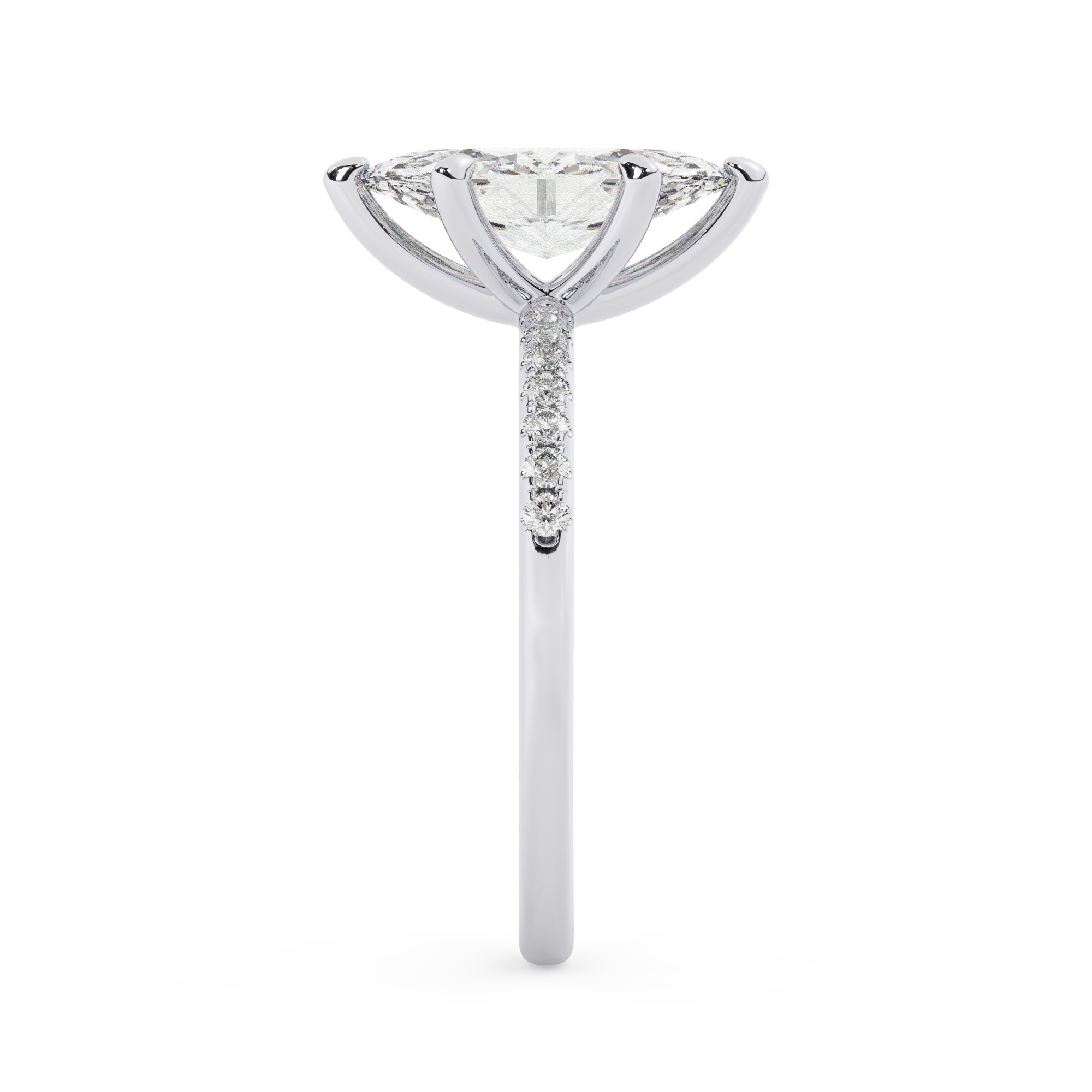 טבעת אירוסין סוליטר ויהלומים בצדדים דגם 50048 זהב לבן 14 קראט במרכז יהלום מעבדה 4 קראט בחיתוך מרקיזה עם תעודה גמולוגית אירופאית IGI מסביב ובצדדים יהלומי מעבדה במשקל כולל של 0.14 קראט בחיתוך עגול – תמונה 4