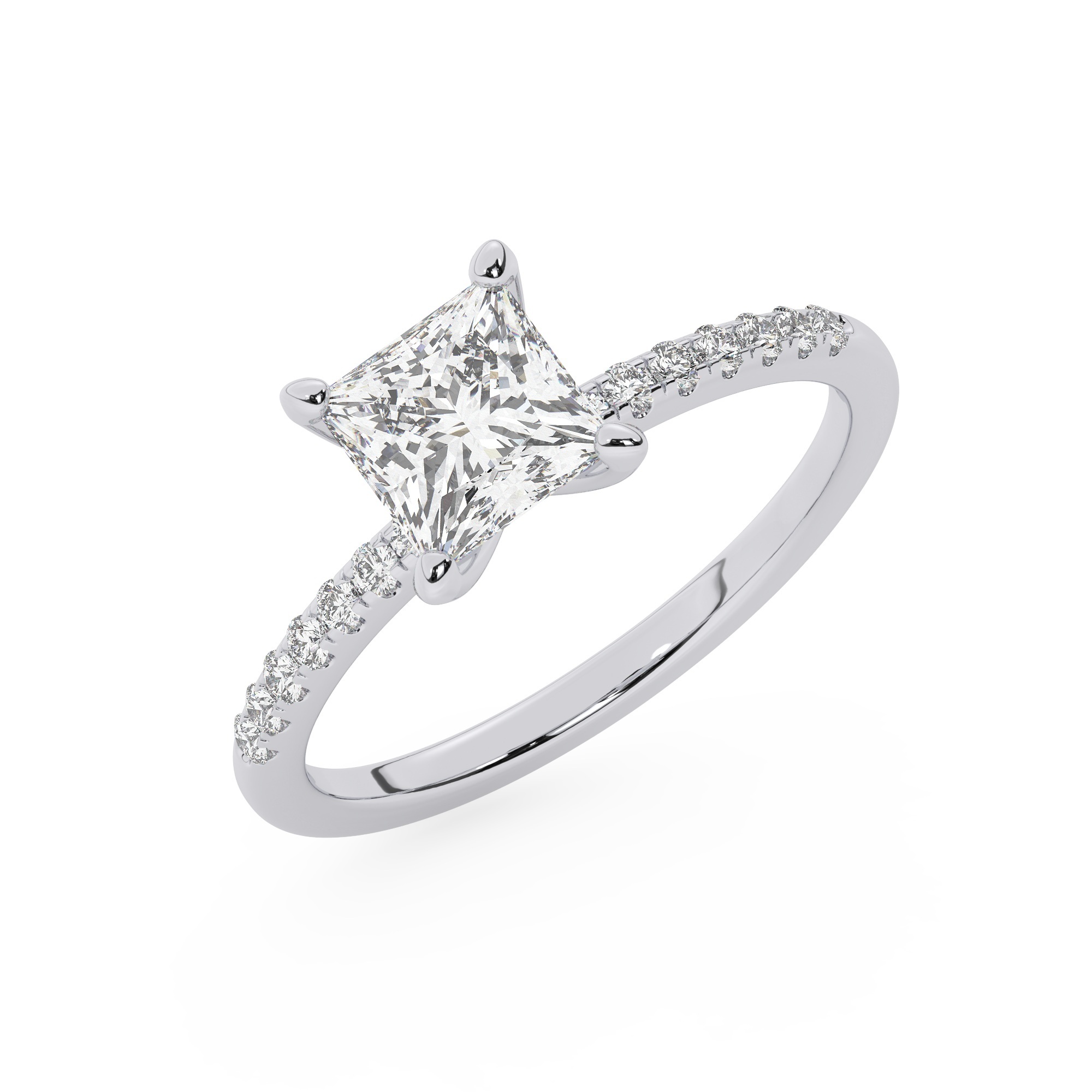 טבעת אירוסין סוליטר ויהלומים בצדדים דגם 50048 כסף מצופה זהב לבן-רודיום במרכז יהלום מעבדה 4 קראט בחיתוך פרינסס עם תעודה גמולוגית אירופאית IGI מסביב ובצדדים יהלומי מעבדה במשקל כולל של 0.14 קראט בחיתוך עגול