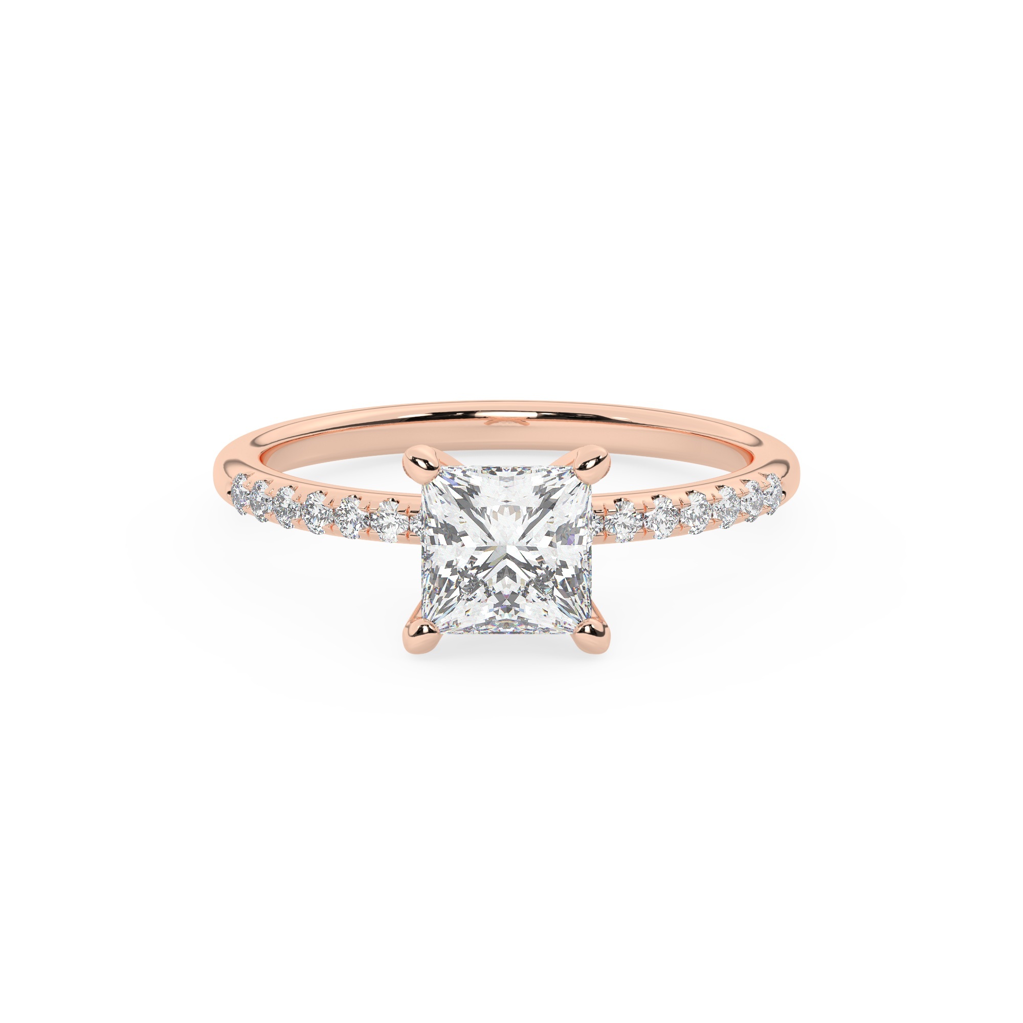 טבעת אירוסין סוליטר ויהלומים בצדדים דגם 50048 כסף מצופה זהב אדום רוזגולד במרכז יהלום מעבדה 0.75 קראט בחיתוך פרינסס עם תעודה גמולוגית מסביב ובצדדים יהלומי מעבדה במשקל כולל של 0.14 קראט בחיתוך עגול – תמונה 2